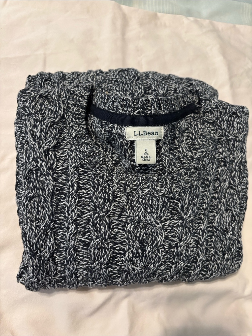 L.L. Bean Women’s Black & White Marled Cable Knit Crewneck Sweater